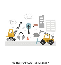 vector lindo ilustración de las zonas de construcción, casas de construcción, excavadoras y máquina de excavación, imagen de ciudad para niños