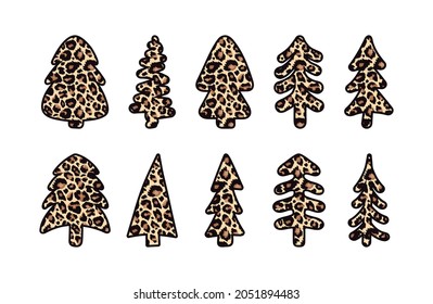 Vector cute hand drawn leopard print textured Christmas trees set. Doodle spruce stylized wild animal cheetah skin, abstract leo fir silhouette icons collection. New Year symbol for decor and print