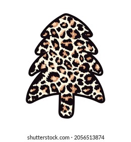 Vector cute hand drawn leopard print textured Christmas tree. Doodle spruce stylized wild animal cheetah skin, abstract leo fir silhouette icon. New Year symbol for print and decor.