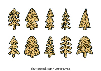 Vector cute hand drawn leopard print textured Christmas trees set. Doodle spruce stylized wild animal cheetah spots skin, abstract leo fir silhouette icons collection. New Year symbol for decor, print