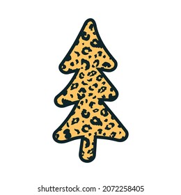Vector cute hand drawn leopard print textured Christmas tree. Doodle spruce stylized wild animal yellow cheetah skin, abstract leo fir silhouette icon. New Year symbol for print and decor.
