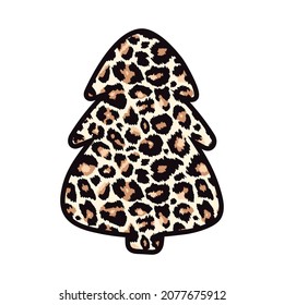 Vector cute hand drawn leopard print textured Christmas tree. Doodle fir stylized wild animal cheetah skin, abstract leo tree silhouette icon. New Year symbol for print and decor.