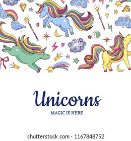 Vector cute hand drawn magic unicorns and stars background with place for text illustration. Poster template colored