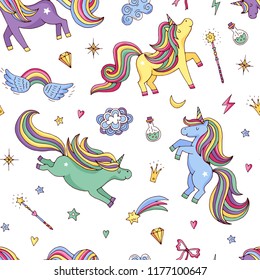 Vector cute hand drawn magic unicorns and stars pattern or background illustration. Colored background with character animal