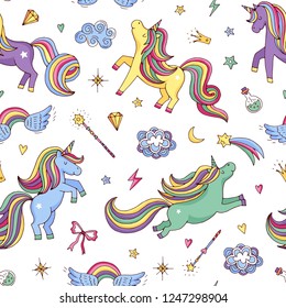 Vector cute hand drawn magic unicorns and stars pattern or background illustration