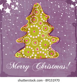 Vector cute, hand drawn, retro style Christmas tree greeting card illustration