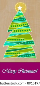 Vector cute, hand drawn, retro style Christmas tree greeting card illustration