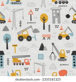 vector cute hand drawn seamless pattern of construction ares, vehicles, excavators on grey background, textile repeat for children apparel