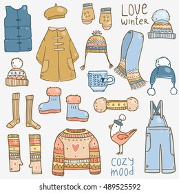 Vector cute hand drawn set collection with winter elements of clothes and other cozy warm stuff for girls