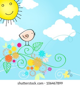 Vector cute, hand drawn style summer text illustration with bird and Sun