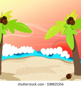 Vector cute, hand drawn style summer tropical beach scene with palm trees and ocean waves