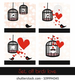 Vector cute, hand drawn style romantic illustration with birds in love and cage