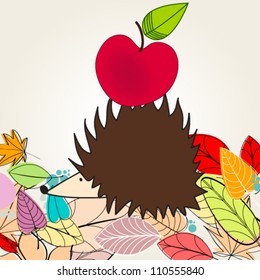 Vector cute hand drawn style autumn illustration with hedgehog and apple