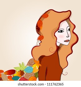 Vector cute, hand drawn style autumn girl and leaves illustration