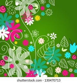 Vector cute, hand drawn style doodle spring leaves and flowers background illustration
