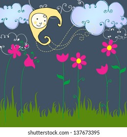 Vector cute hand drawn style illustration of spring meadow with Moon, flowers and clouds
