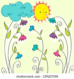 Vector cute hand drawn style illustration of spring meadow with Sun, flowers and cloud