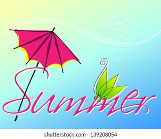 Vector cute hand drawn style summer text with leaves and umbrella