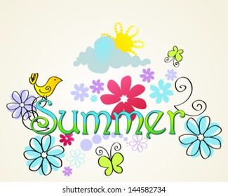 Vector cute hand drawn style illustration of summer text with bird, Sun, flowers and butterflies