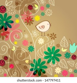 Vector cute hand drawn style illustration of autumn leaves and bird