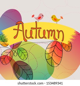 Vector cute hand drawn style autumn illustration with leaves and birds