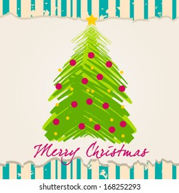Vector cute hand drawn style Christmas greeting card with tree