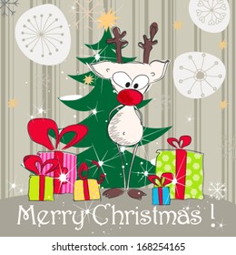 Vector cute hand drawn style Christmas greeting card with reindeer, Christmas tree and presents