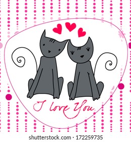 Vector cute hand drawn style romantic background with cats in love