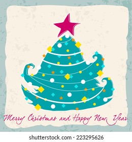 Vector cute hand drawn style Christmas greeting card with tree