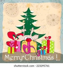 Vector cute hand drawn style Christmas greeting card with reindeer, presents and Christmas tree