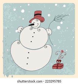 Vector cute hand drawn style Christmas greeting card with snowman