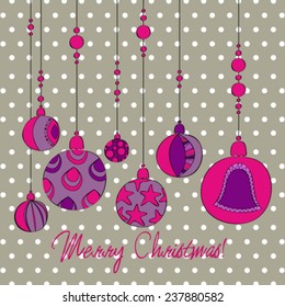 Vector cute hand drawn style Christmas greeting card with tree ornaments