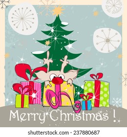 Vector cute hand drawn style Christmas greeting card with reindeer, presents and Christmas tree