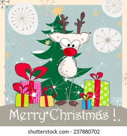 Vector cute hand drawn style Christmas greeting card with reindeer, Christmas tree and presents