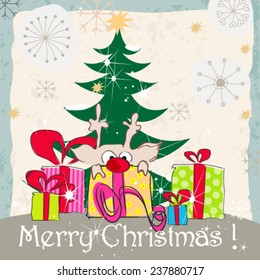 Vector cute hand drawn style Christmas greeting card with reindeer, presents and Christmas tree
