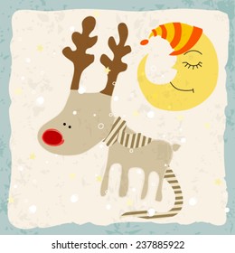 Vector cute hand drawn style Christmas greeting card with cute reindeer