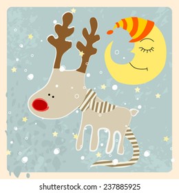Vector cute hand drawn style Christmas greeting card with cute reindeer