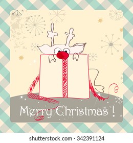 Vector cute hand drawn style Christmas greeting card with reindeer