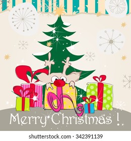 Vector cute hand drawn style Christmas greeting card with reindeer, presents and Christmas tree