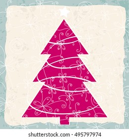Vector cute hand drawn style Christmas greeting card with tree