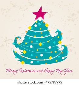 Vector cute hand drawn style Christmas greeting card with tree