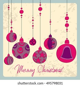 Vector cute hand drawn style Christmas greeting card with tree ornaments