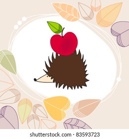 Vector cute hand drawn style autumn illustration with hedgehog and apple