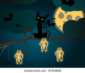 Vector cute hand drawn style Halloween illustration with cat, branch, lamps, full Moon and bats