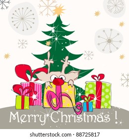 Vector cute hand drawn style Christmas greeting card with reindeer and Christmas tree