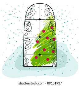 Vector cute hand drawn style Christmas greeting card with Christmas tree in the window