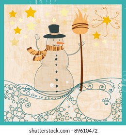 Vector cute, hand drawn style retro illustration of a cute snowman - Christmas greeting card