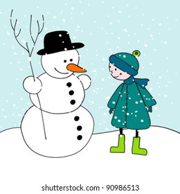 Vector cute, hand drawn style illustration of a snowman and a boy