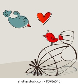 Vector cute, hand drawn style romantic illustration with birds in love and cage