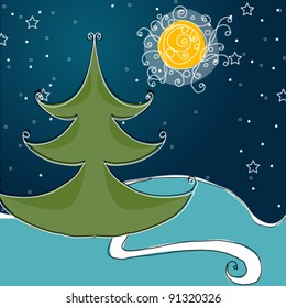 Vector cute, hand drawn style winter night scene
